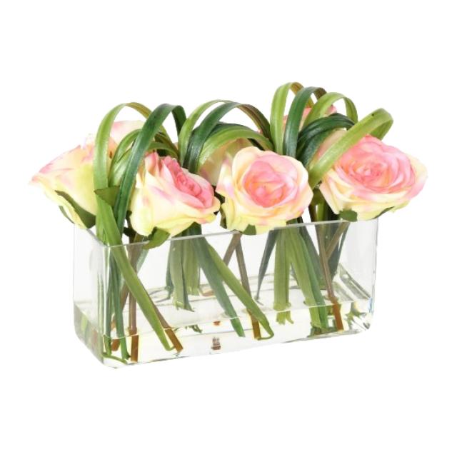 Rose Artificielle en Composition Dans Vase Resctangulaire